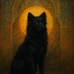 Mystical black dog with a golden halo sitting before an ornate archway with Islamic geometric patterns.