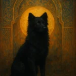 Mystical black dog with a golden halo sitting before an ornate archway with Islamic geometric patterns.