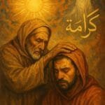 An elderly Moroccan man blesses a younger man in distress beneath a radiant sun with Arabic calligraphy.