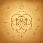 Golden Seed of Life symbol with celestial designs on parchment background.