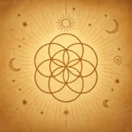 Golden Seed of Life symbol with celestial designs on parchment background.