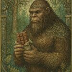 Mystical Sasquatch holding chocolate surrounded by esoteric forest symbols.
