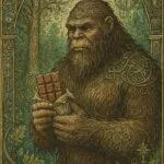 Mystical Sasquatch holding chocolate surrounded by esoteric forest symbols.
